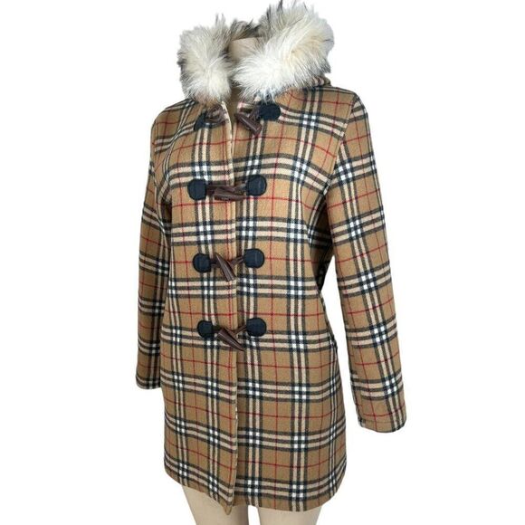 Authentic Vintage BURBERRY Beige Nova Check Wool Hooded Peacoat Size L - Picture 5 of 16
